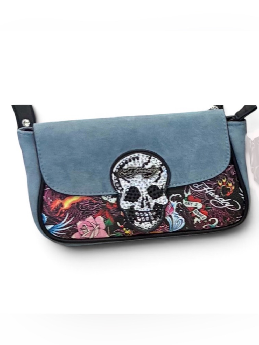 Ed Hardy Blue and Multicolor Suede Skull Appliqué Crossbody Bag